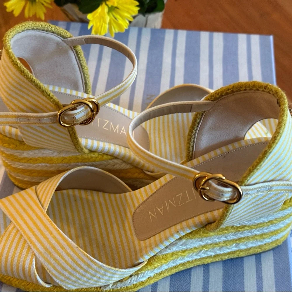 Stuart Weitzman Yellow and White Striped Wedge Espadrilles - Picture 5 of 7